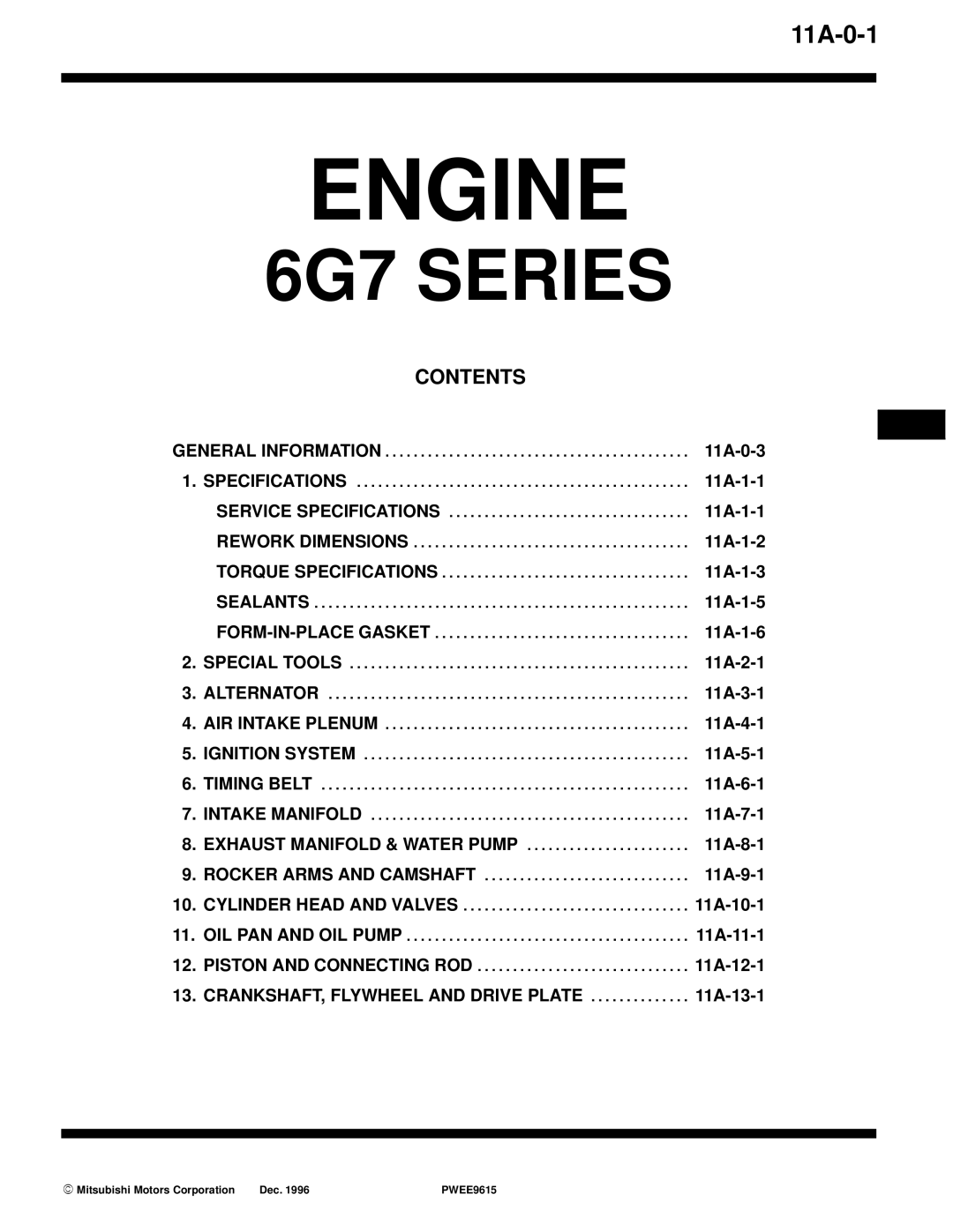 Mitsubishi 6G7 specifications 11A-0-1, Contents 