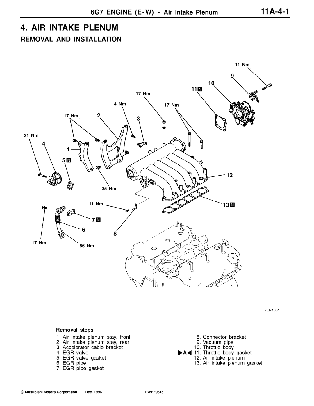 Mitsubishi 6G7 specifications AIR Intake Plenum, 11A-4-1 