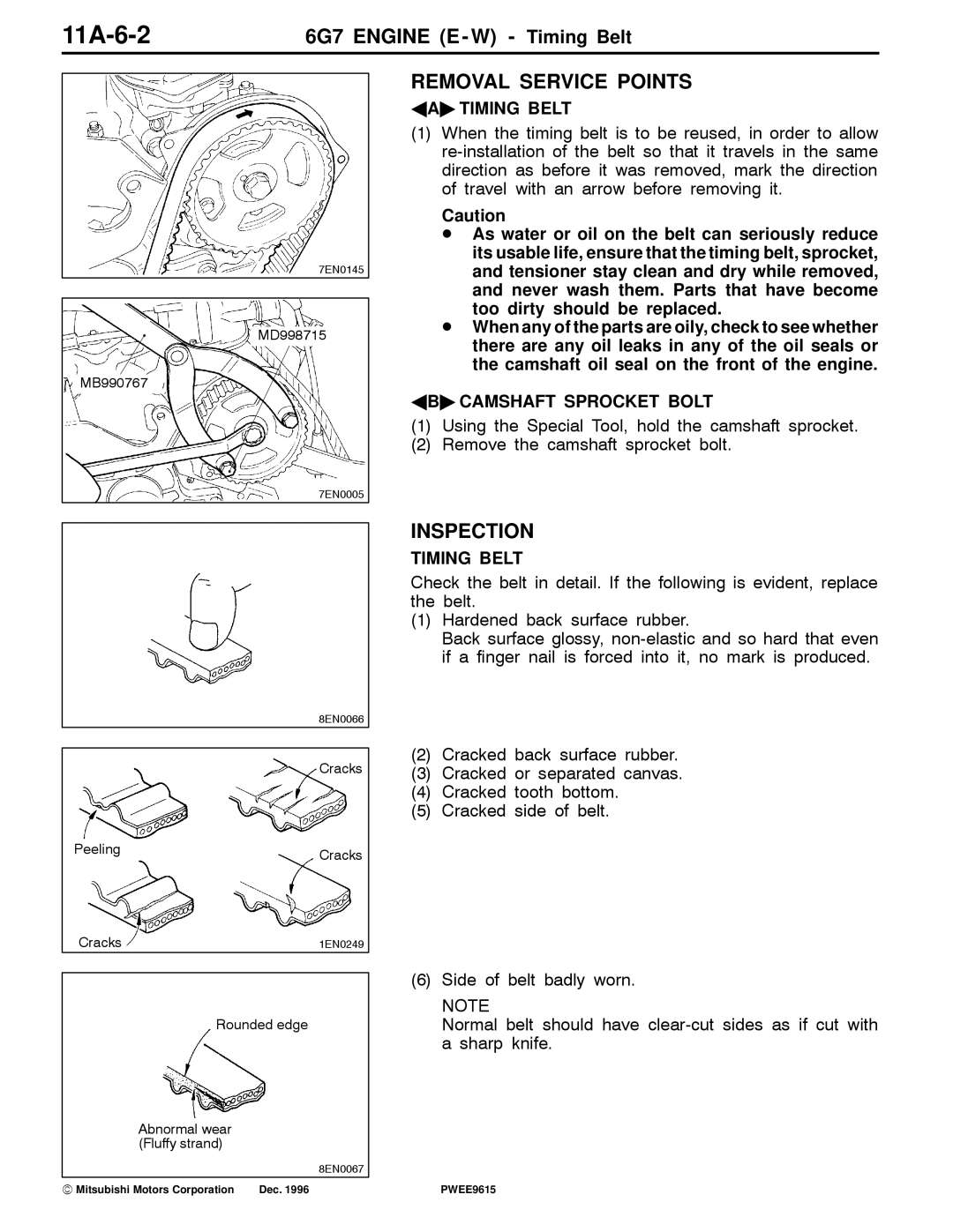 Mitsubishi 6G7 specifications 11A-6-2, Inspection, AA Timing Belt, AB Camshaft Sprocket Bolt 