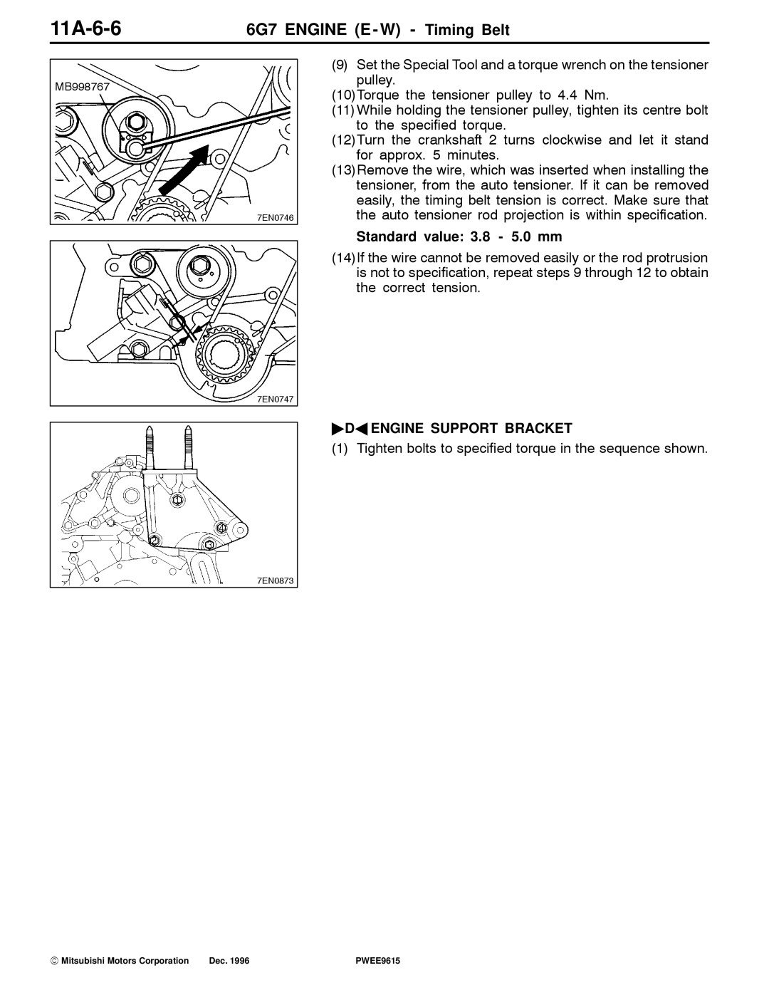 Mitsubishi 6G7 specifications 11A-6-6, Standard value 3.8 5.0 mm, DA Engine Support Bracket 