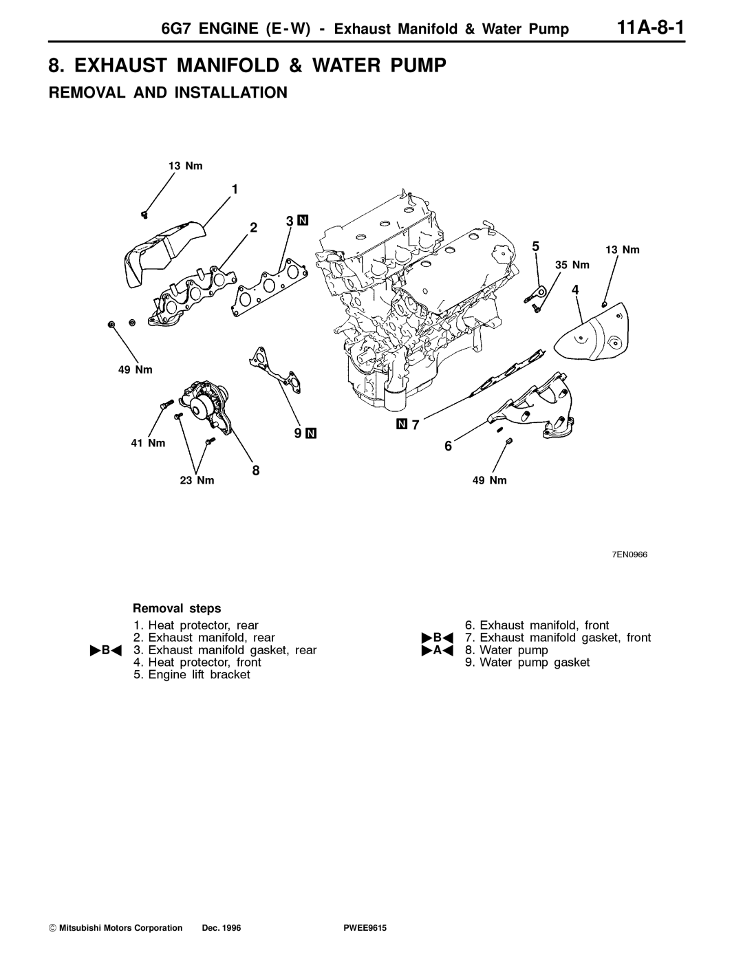 Mitsubishi specifications 11A-8-1, 6G7 Engine E W Exhaust Manifold & Water Pump 