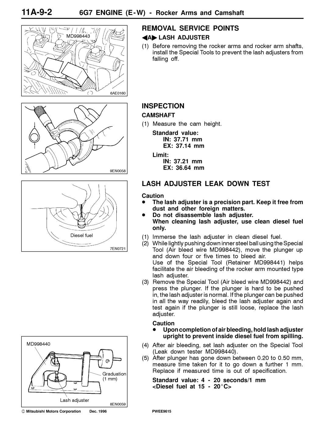 Mitsubishi specifications Lash Adjuster Leak Down Test, 11A-9-26G7 Engine E W Rocker Arms and Camshaft, AA Lash Adjuster 