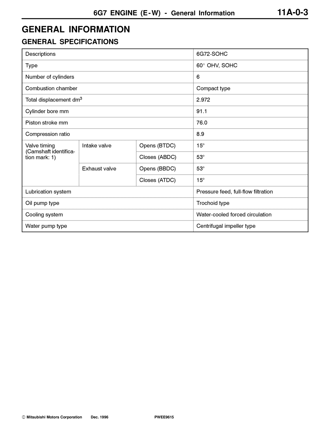 Mitsubishi 6G7 specifications General Information, 11A-0-3, General Specifications 