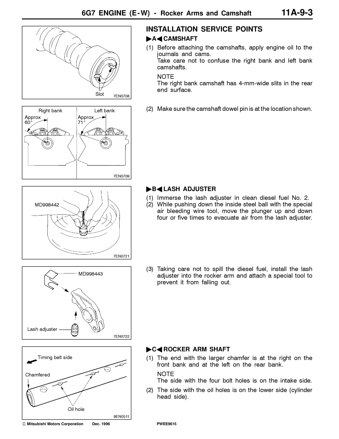 Mitsubishi 6G7 specifications 11A-9-3, AA Camshaft, BA Lash Adjuster, CA Rocker ARM Shaft 