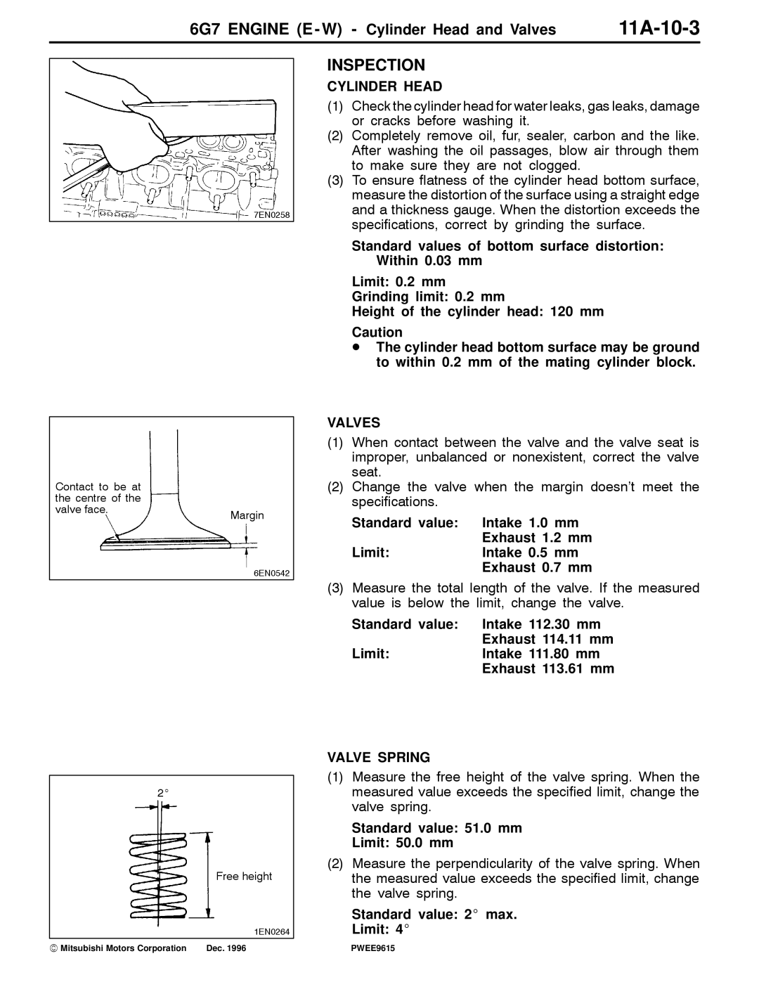 Mitsubishi 6G7 specifications 11A-10-3, Cylinder Head, Valves, Valve Spring 