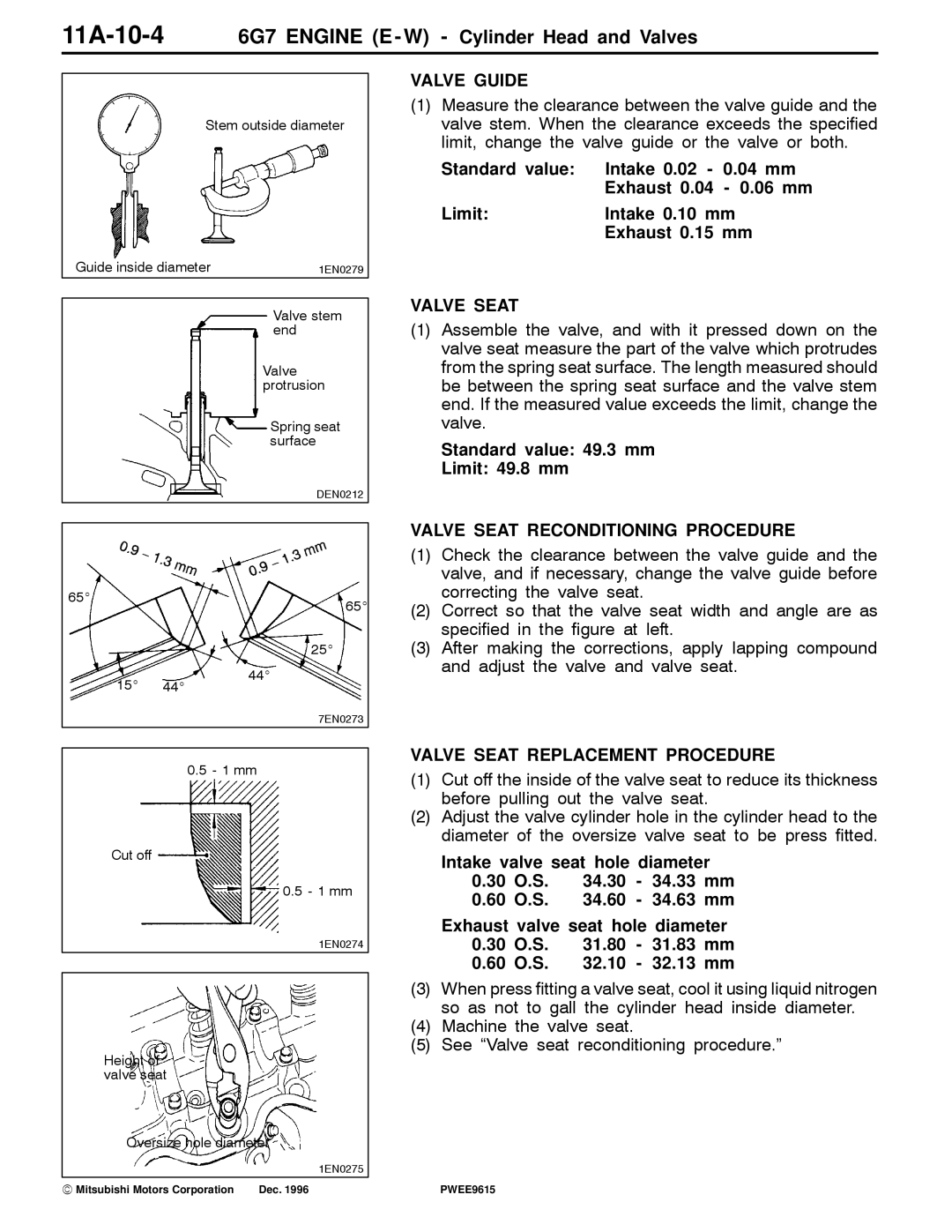 Mitsubishi 11A-10-46G7 Engine E W Cylinder Head and Valves, Valve Guide, Valve Seat Replacement Procedure 