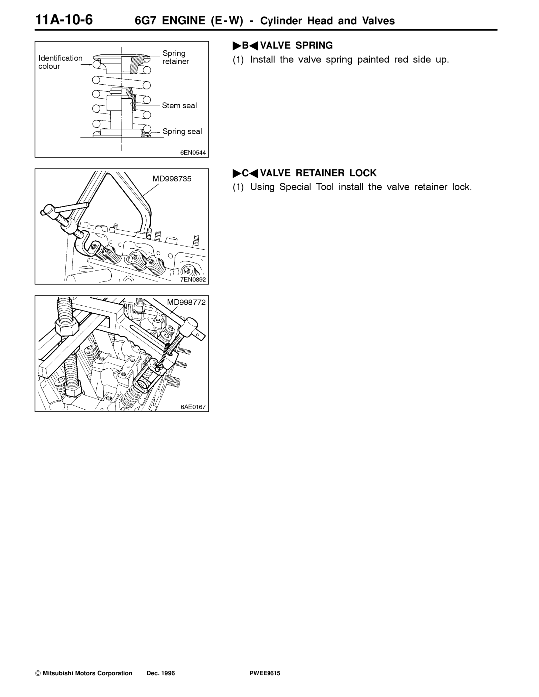 Mitsubishi specifications 11A-10-66G7 Engine E W Cylinder Head and Valves, BA Valve Spring, CA Valve Retainer Lock 