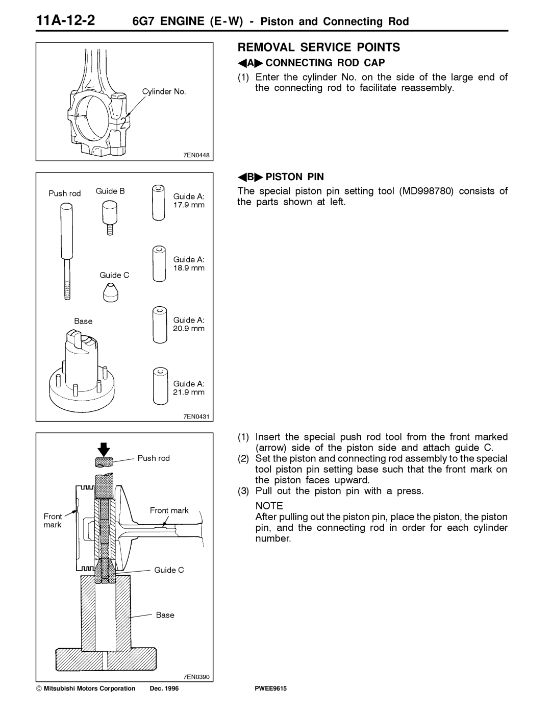 Mitsubishi specifications 11A-12-26G7 Engine E W Piston and Connecting Rod, AA Connecting ROD CAP, AB Piston PIN 