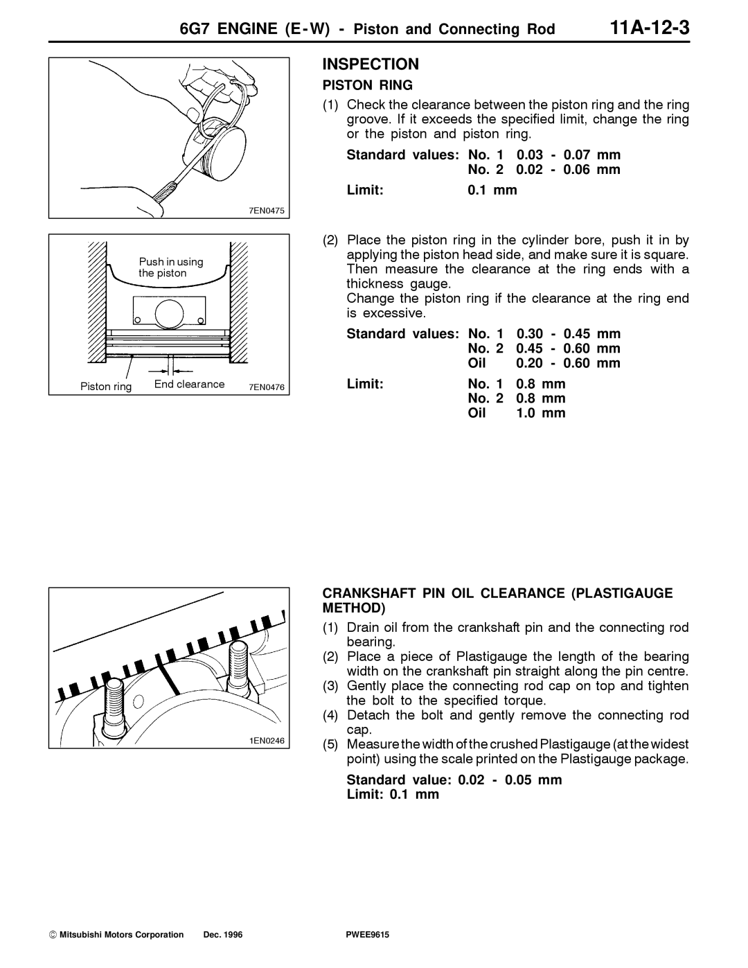 Mitsubishi 6G7 specifications 11A-12-3, Piston Ring, Crankshaft PIN OIL Clearance Plastigauge Method 