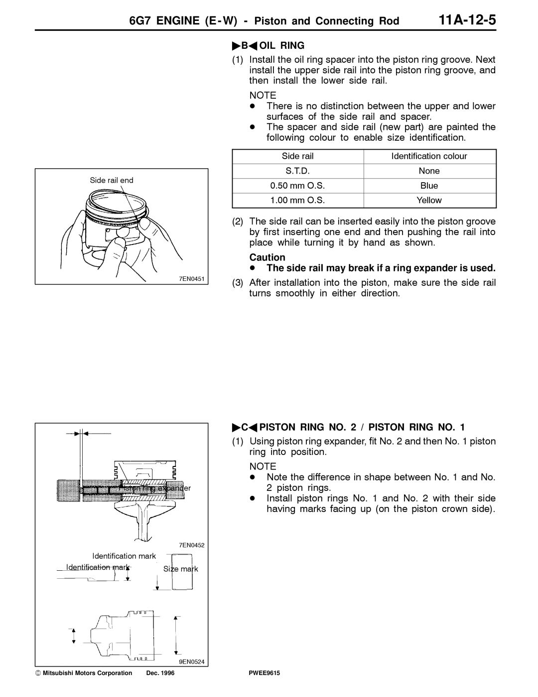 Mitsubishi 6G7 11A-12-5, BA OIL Ring, Side rail may break if a ring expander is used, CA Piston Ring no / Piston Ring no 