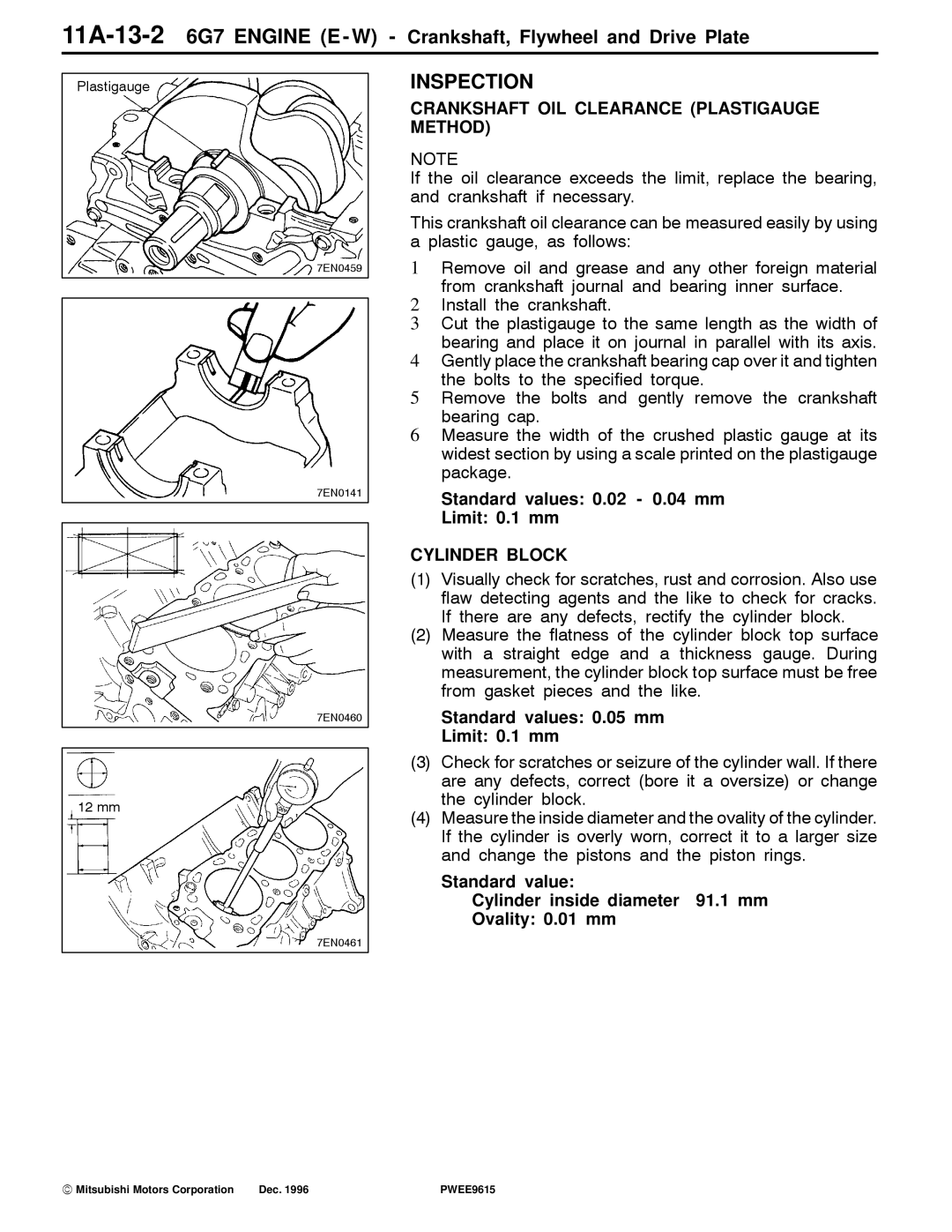 Mitsubishi 11A-13-26G7 Engine E W Crankshaft, Flywheel and Drive Plate, Crankshaft OIL Clearance Plastigauge Method 