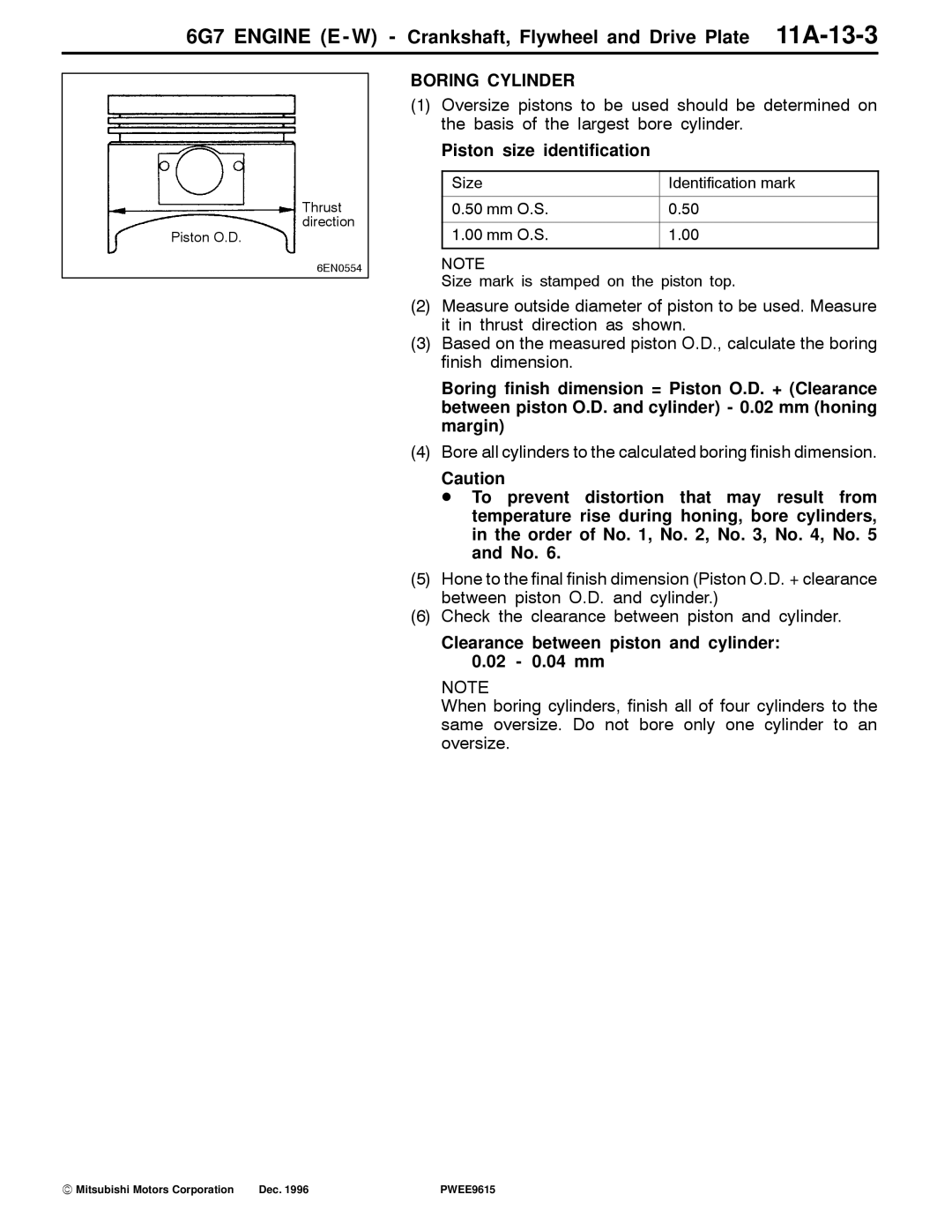 Mitsubishi 6G7 specifications Boring Cylinder, Piston size identification, Clearance between piston and cylinder 02 0.04 mm 