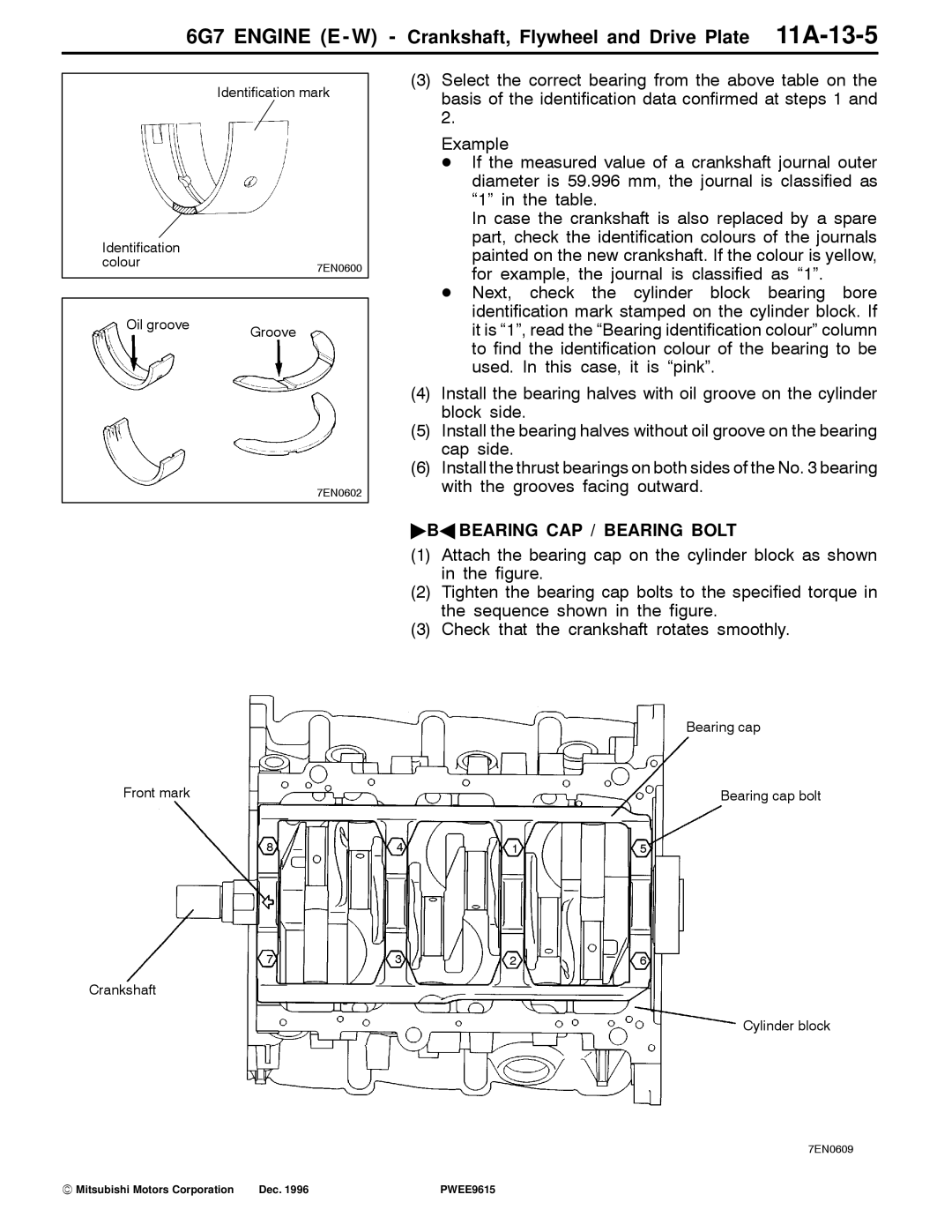 Mitsubishi specifications 6G7 Engine E W Crankshaft, Flywheel and Drive Plate 11A-13-5, BA Bearing CAP / Bearing Bolt 