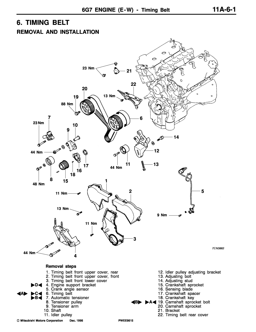 Mitsubishi specifications 11A-6-1, 6G7 ENGINE E - W - Timing Belt, 17 16 18 8, Removal And Installation 