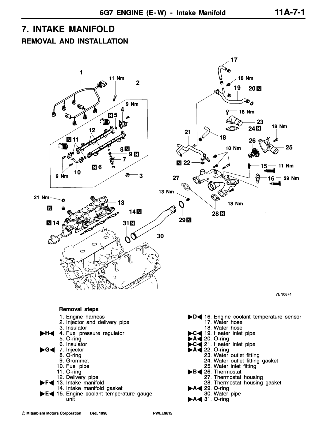 Mitsubishi specifications 11A-7-1, 6G7 ENGINE E - W - Intake Manifold, Removal And Installation 