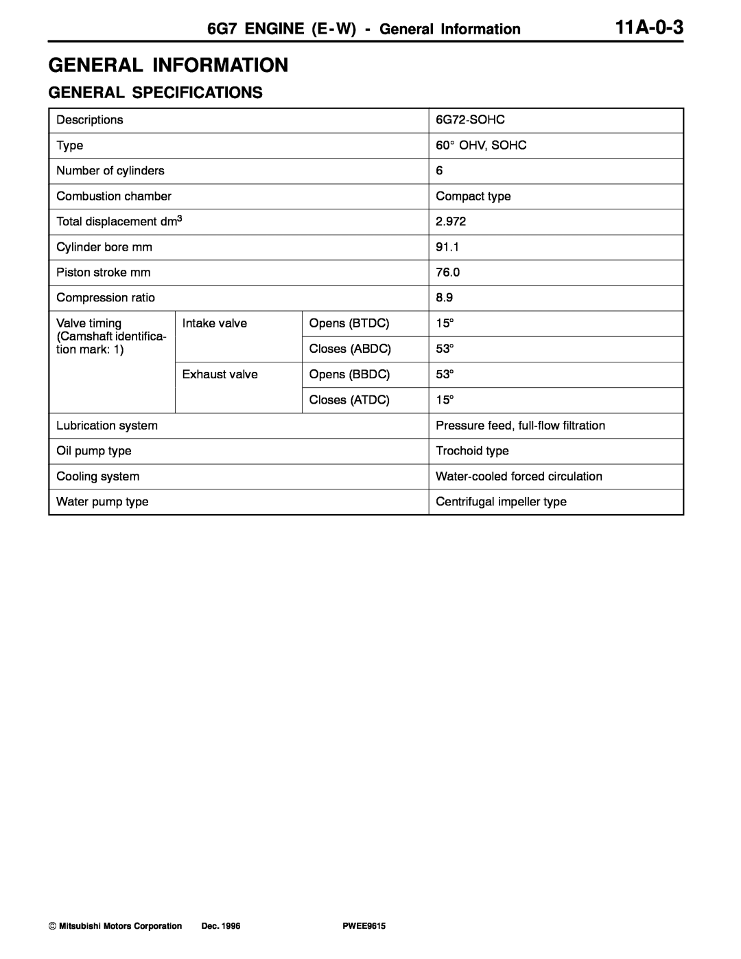 Mitsubishi specifications 11A-0-3, 6G7 ENGINE E - W - General Information, General Specifications 
