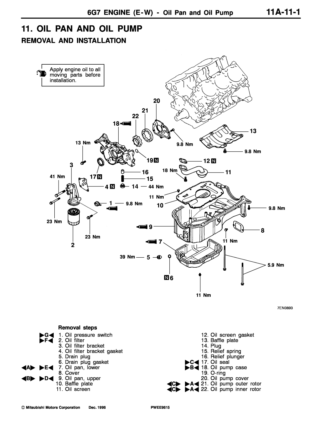 Mitsubishi Oil Pan And Oil Pump, 11A-11-1, 6G7 ENGINE E - W - Oil Pan and Oil Pump, Removal And Installation 