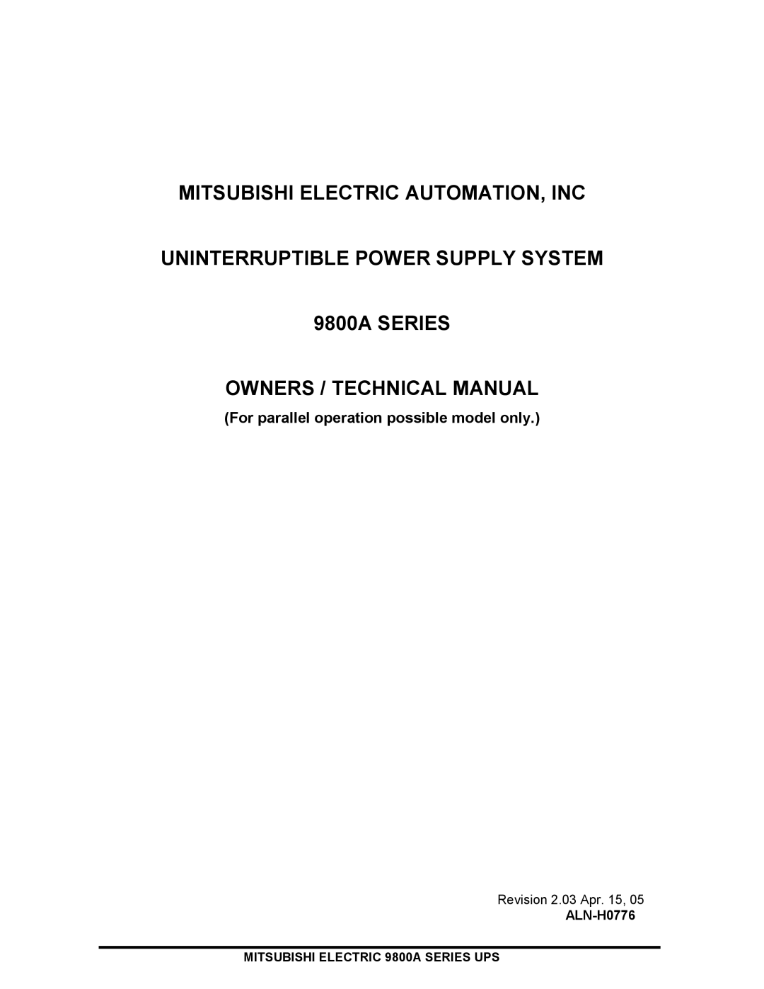 Mitsubishi 9800A Series technical manual For parallel operation possible model only, ALN-H0776 