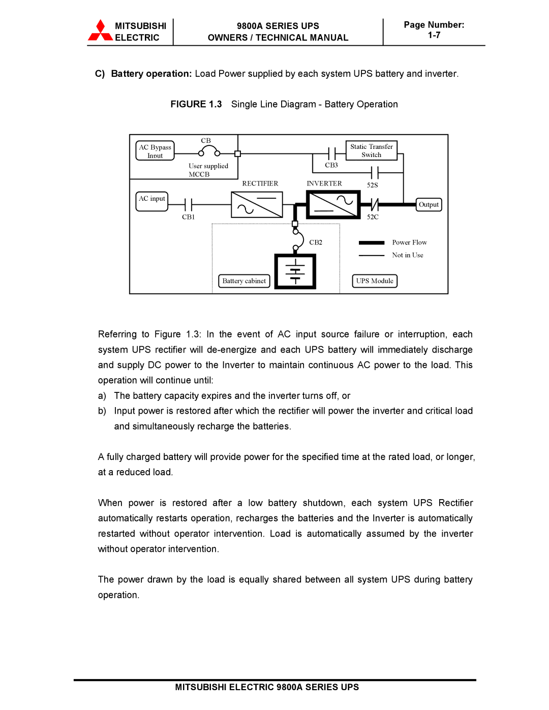 Mitsubishi 9800A Series technical manual Single Line Diagram Battery Operation 