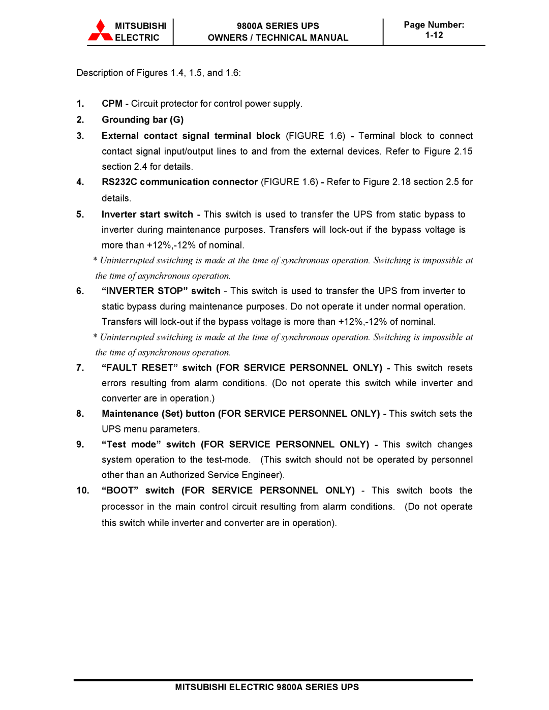 Mitsubishi technical manual Mitsubishi Electric 9800A Series UPS 