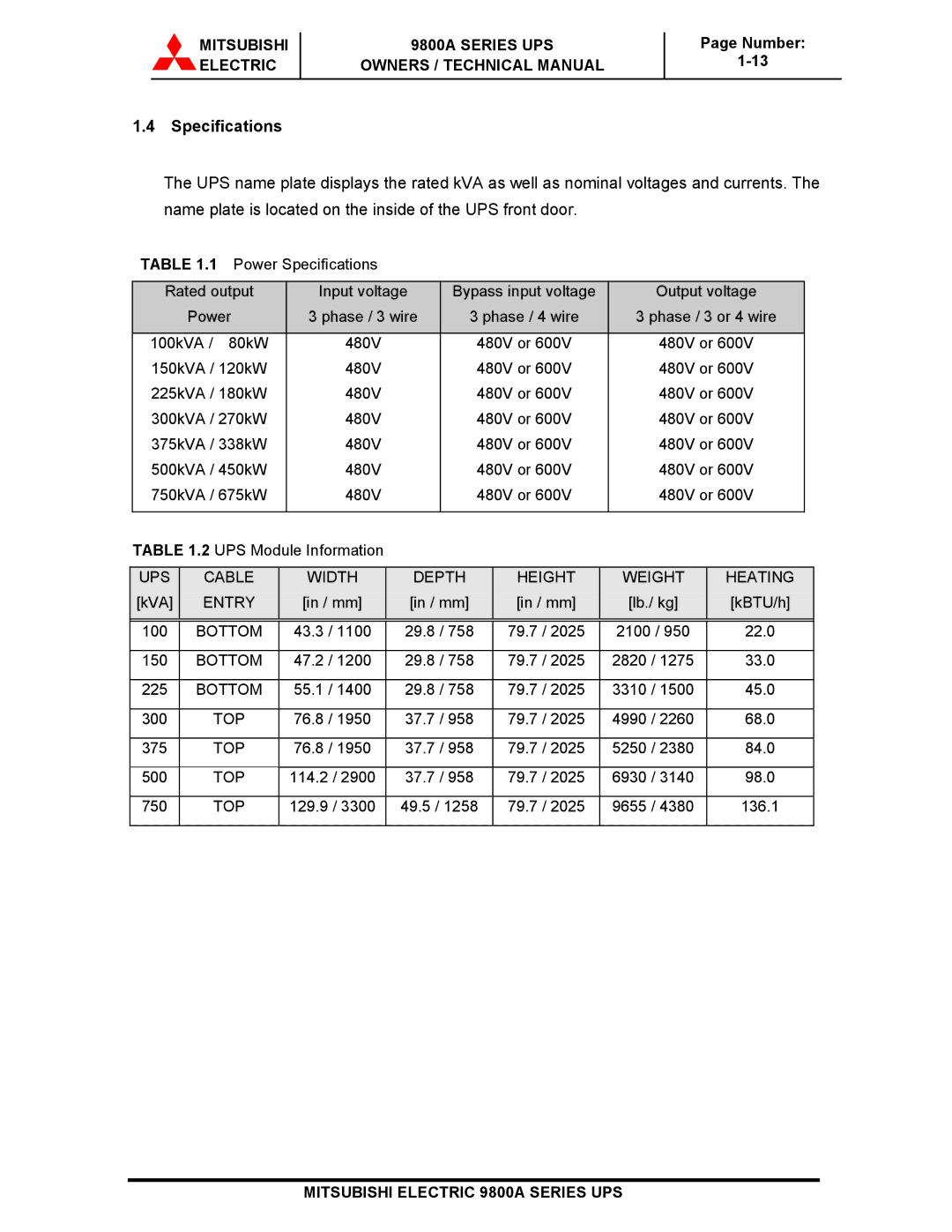 Mitsubishi 9800A Series technical manual Specifications 