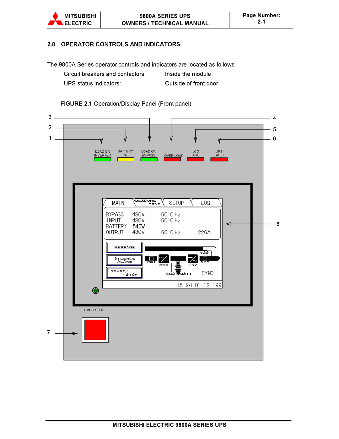 Mitsubishi 9800A Series technical manual Operator Controls and Indicators, 540V 