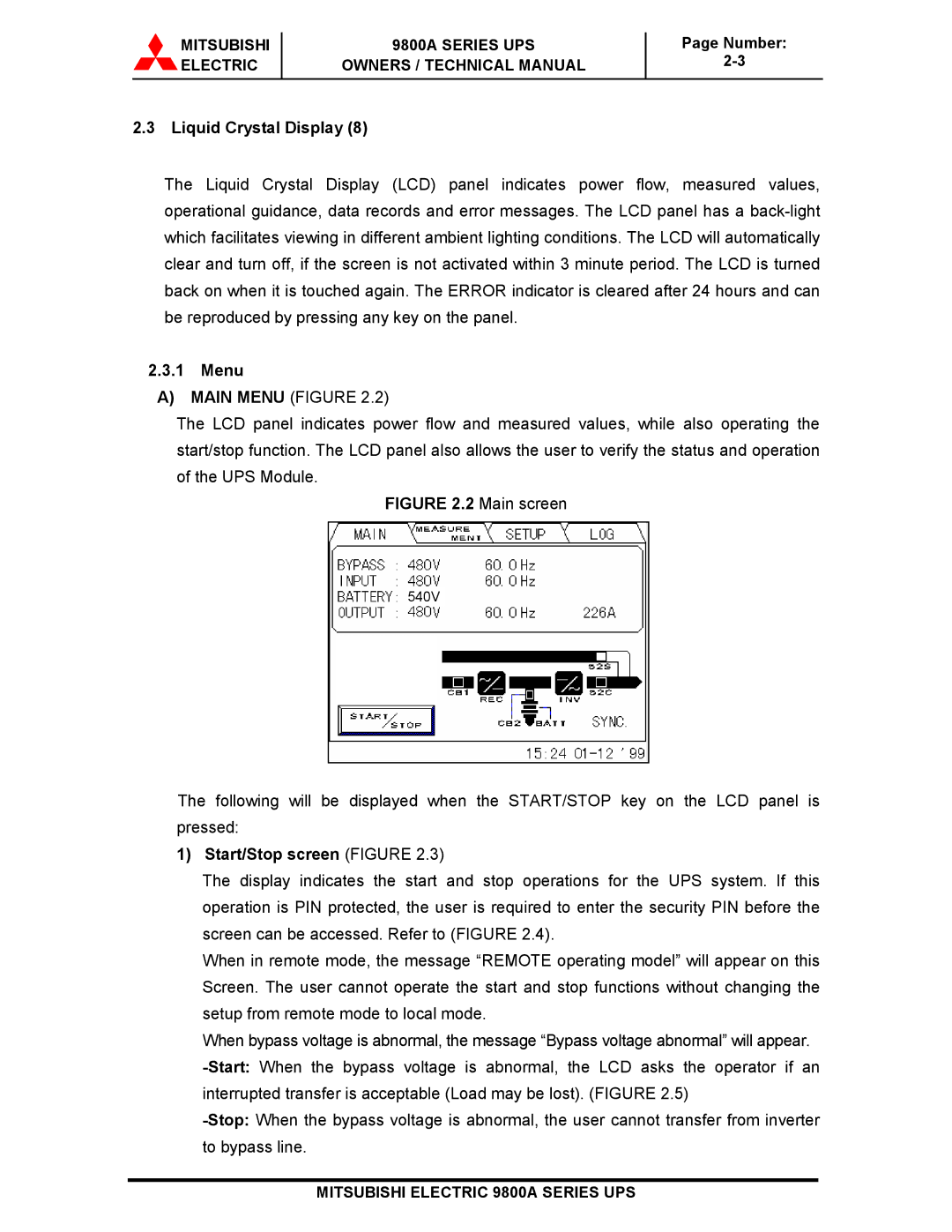 Mitsubishi 9800A Series technical manual Liquid Crystal Display, Menu, Start/Stop screen Figure 