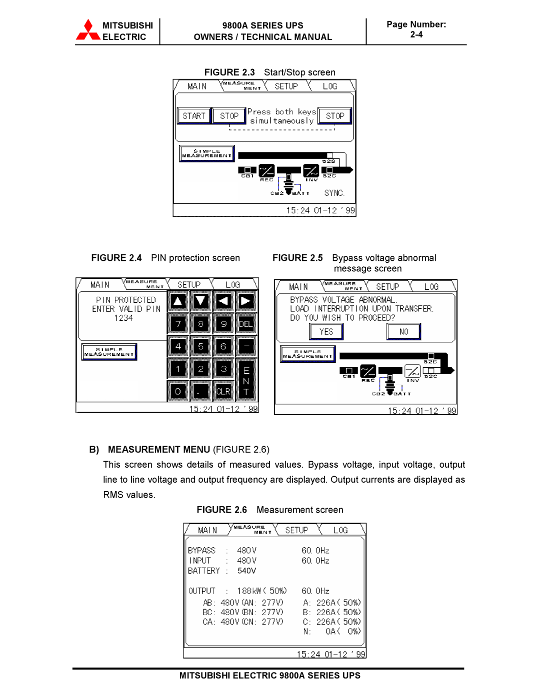 Mitsubishi 9800A Series technical manual Start/Stop screen, Measurement Menu Figure 