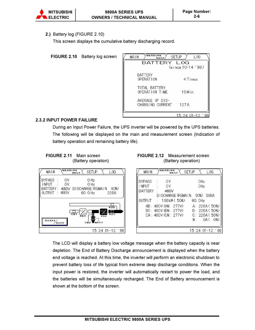 Mitsubishi 9800A Series technical manual Input Power Failure, Main screen 