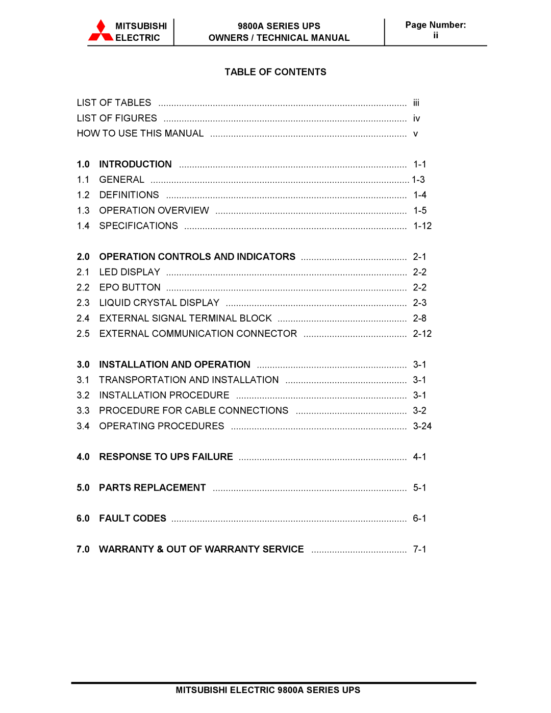 Mitsubishi 9800A Series technical manual Table of Contents 