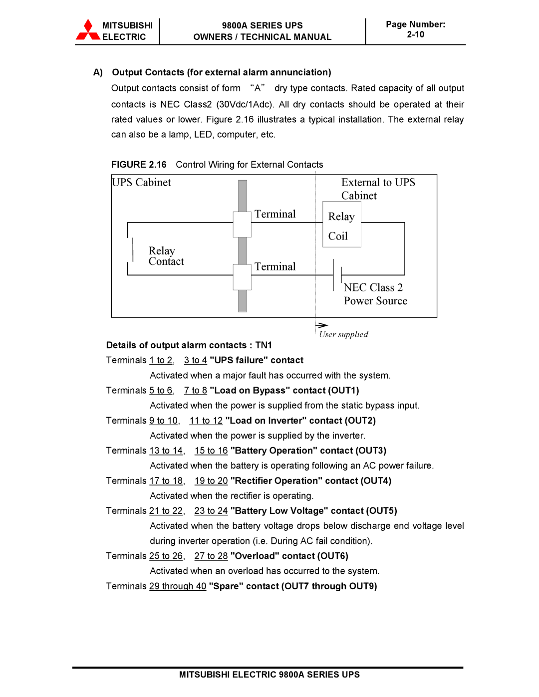 Mitsubishi 9800A Series Output Contacts for external alarm annunciation, Control Wiring for External Contacts 