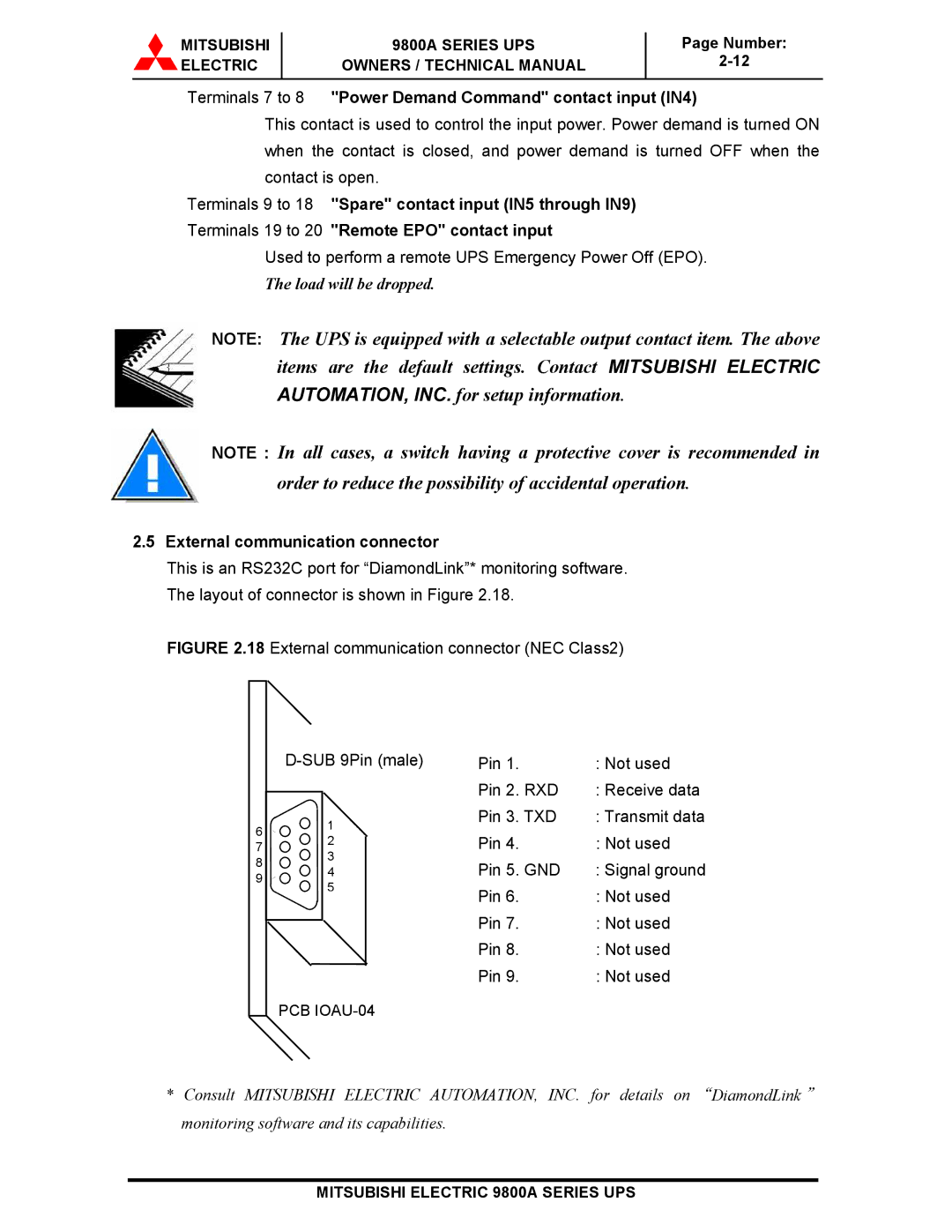 Mitsubishi 9800A Series Terminals 7 to 8 Power Demand Command contact input IN4, External communication connector 