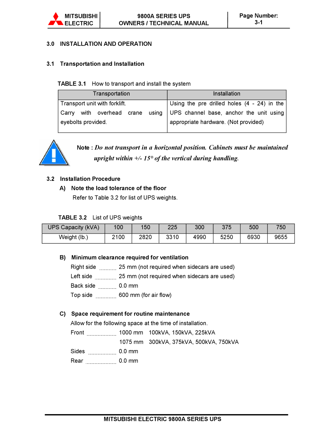 Mitsubishi technical manual Mitsubishi 9800A Series UPS, Transportation and Installation, Installation Procedure 