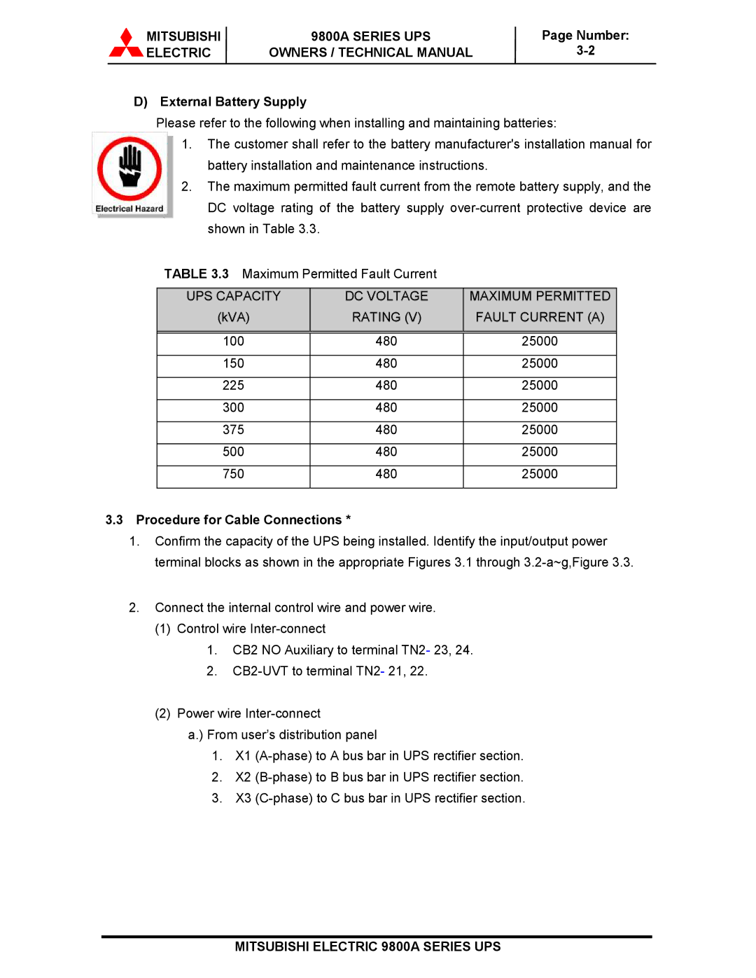 Mitsubishi 9800A Series Electric Owners / Technical Manual, External Battery Supply, Procedure for Cable Connections 