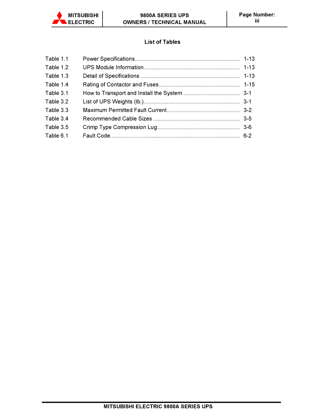 Mitsubishi 9800A Series technical manual List of Tables 