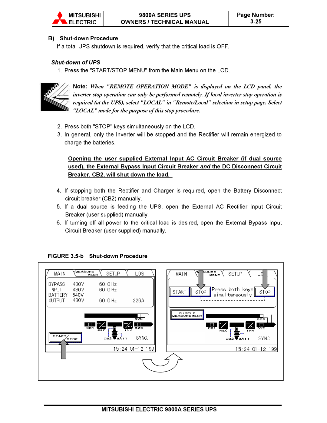 Mitsubishi 9800A Series technical manual Shut-down Procedure Number, B Shut-down Procedure 