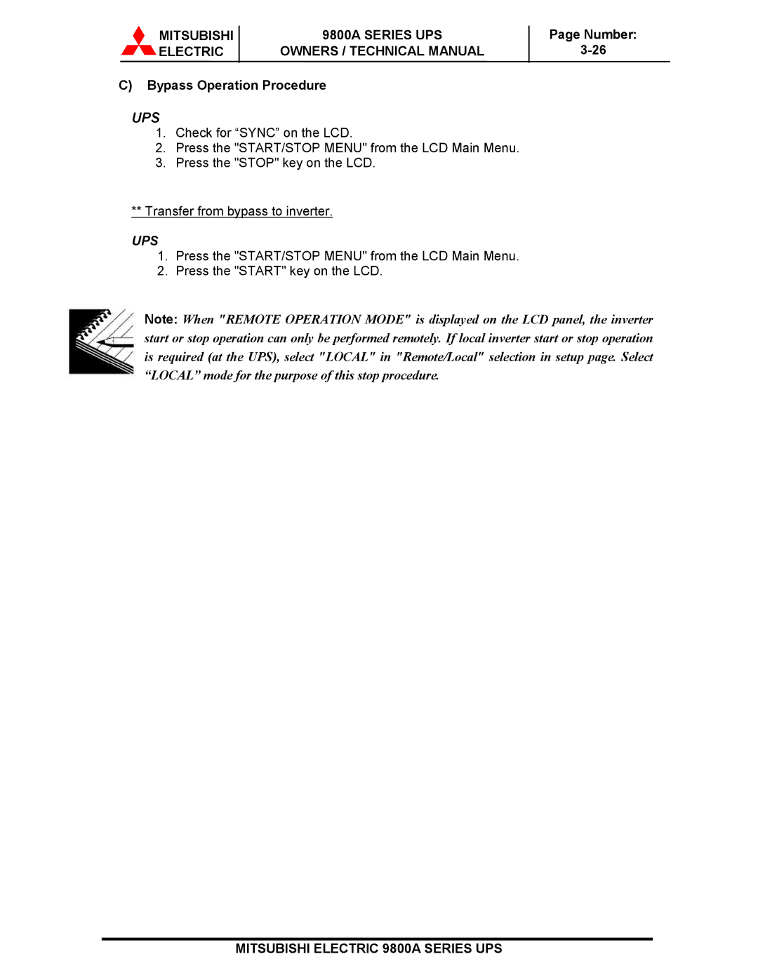 Mitsubishi 9800A Series technical manual Ups, Bypass Operation Procedure 