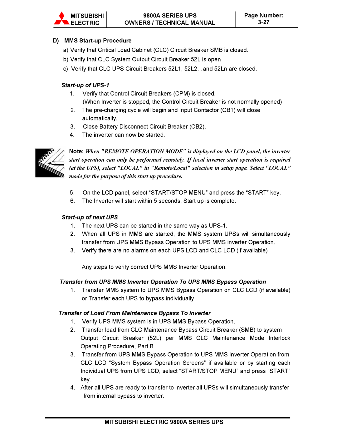 Mitsubishi 9800A Series technical manual Number MMS Start-up Procedure, Start-up of UPS-1 