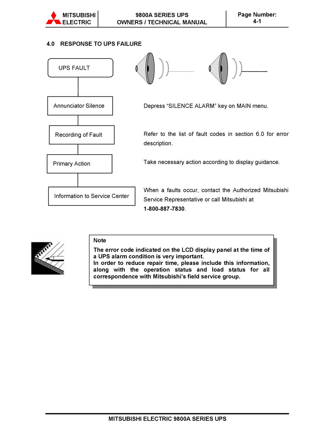 Mitsubishi 9800A Series technical manual Response to UPS Failure, UPS Fault 