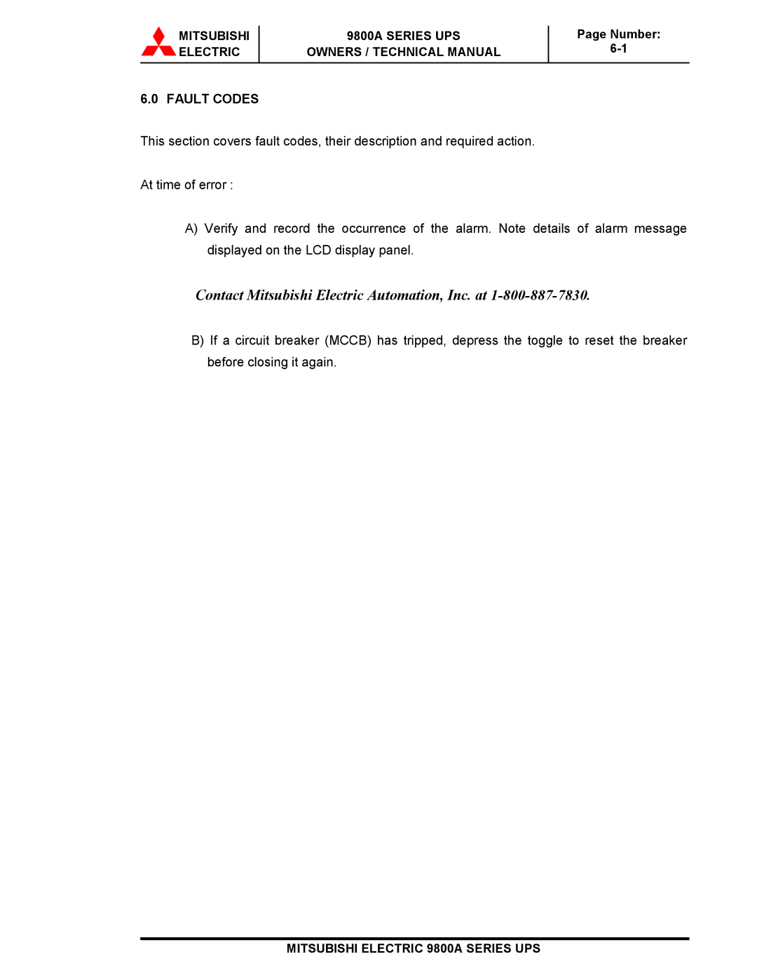 Mitsubishi 9800A Series technical manual Contact Mitsubishi Electric Automation, Inc. at, Fault Codes 