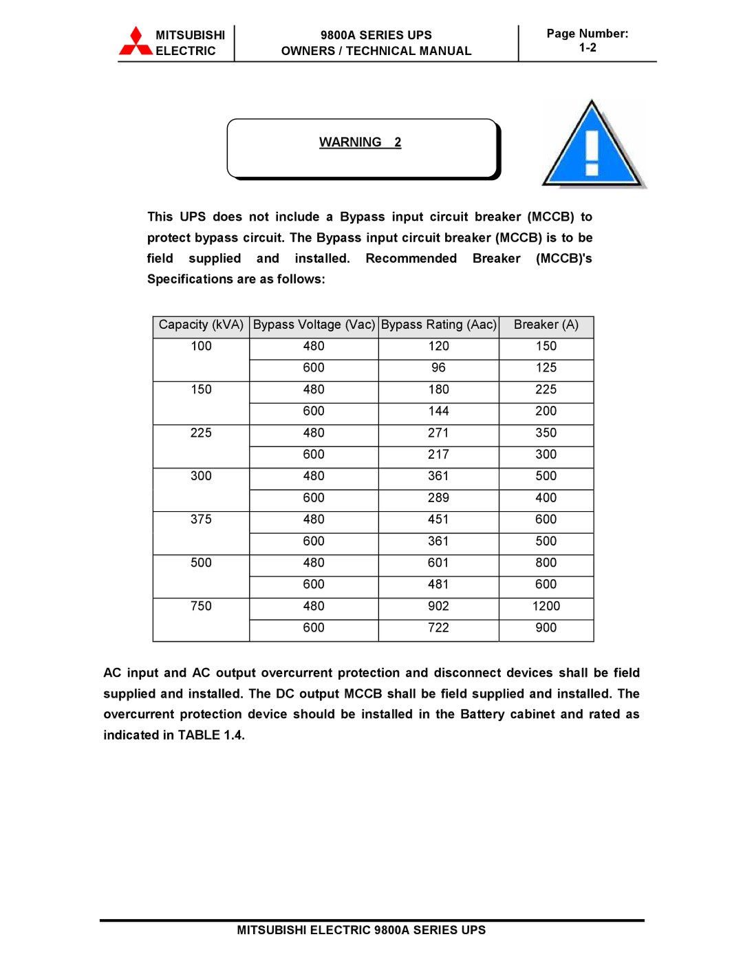 Mitsubishi technical manual Mitsubishi Electric 9800A Series UPS 