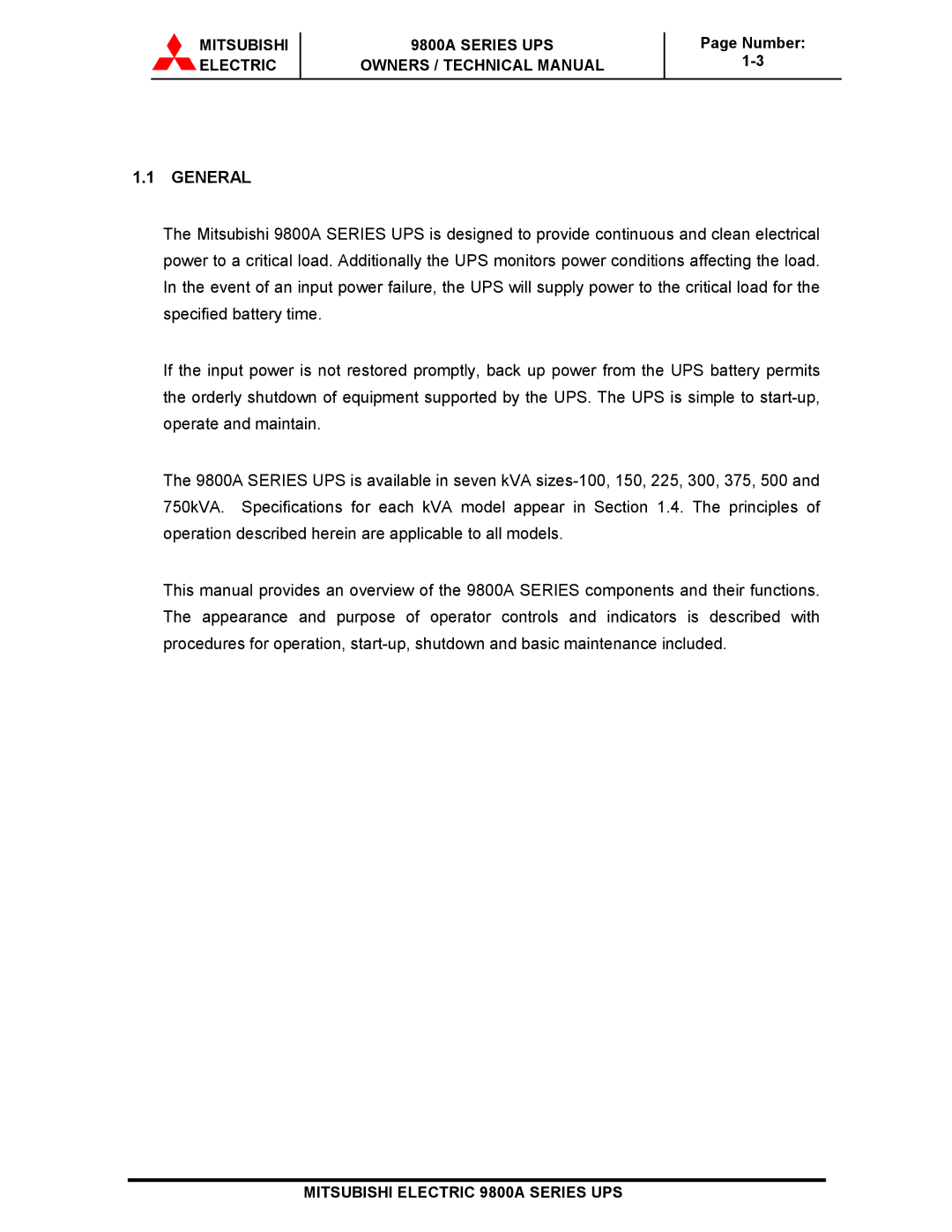 Mitsubishi 9800A Series technical manual General 