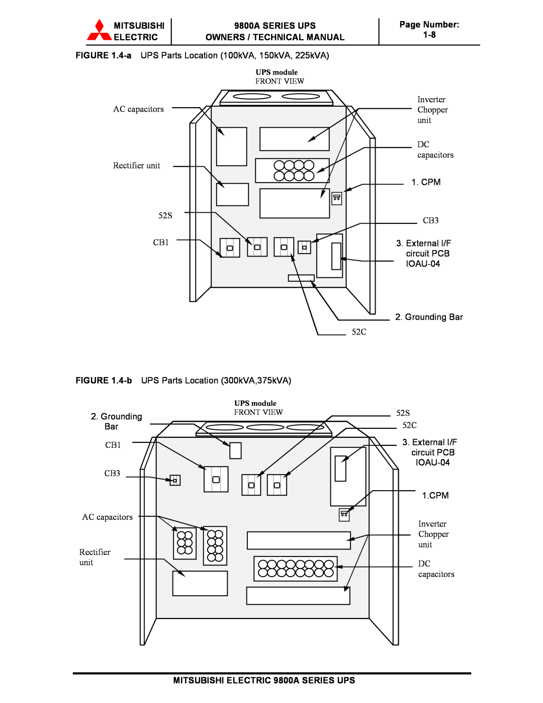 Mitsubishi 9800A Series technical manual Mitsubishi Electric, 9800A SERIES UPS OWNERS / TECHNICAL MANUAL, Page Number 1-8 