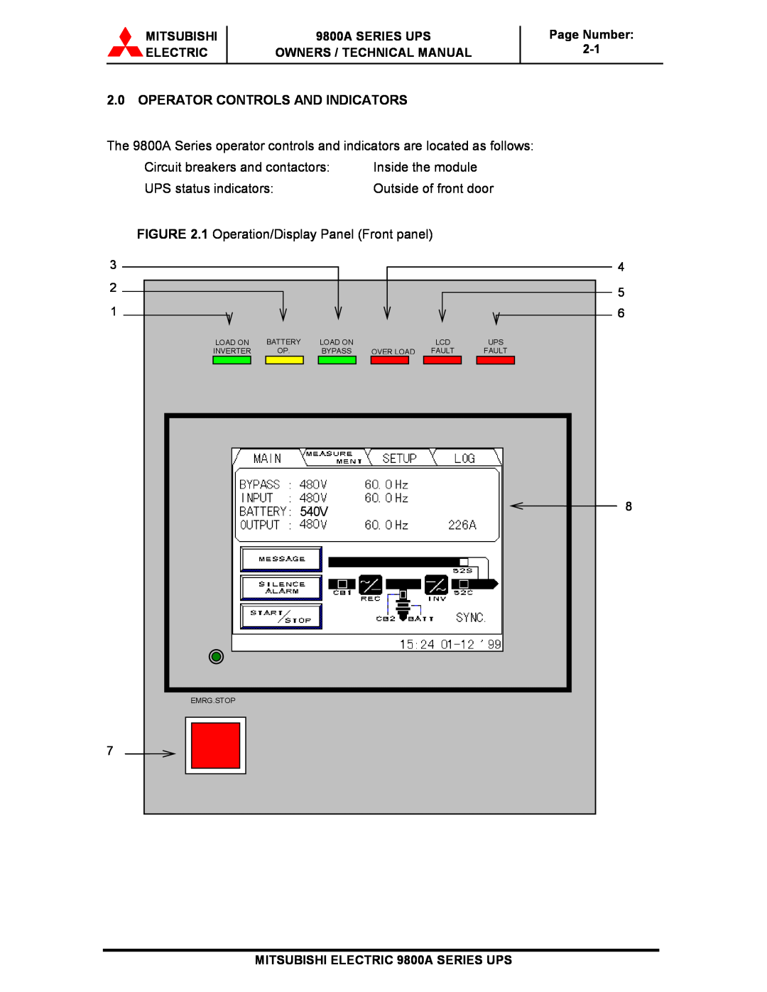 Mitsubishi 9800A Series Operator Controls And Indicators, Mitsubishi Electric, 9800A SERIES UPS OWNERS / TECHNICAL MANUAL 
