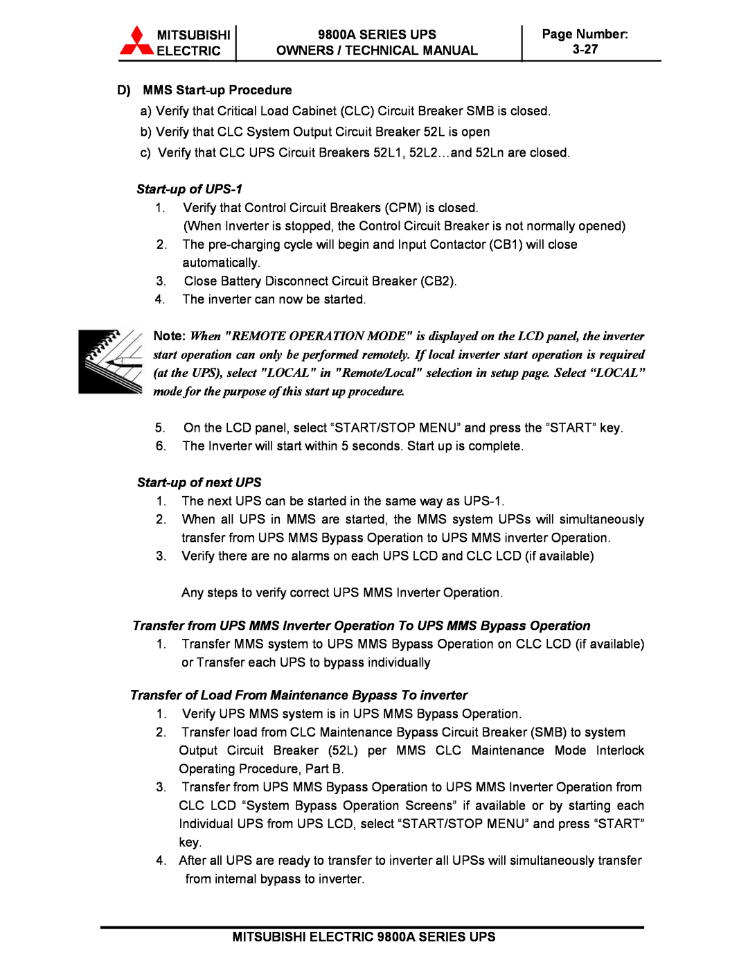 Mitsubishi 9800A Series technical manual Mitsubishi Electric, 9800A SERIES UPS OWNERS / TECHNICAL MANUAL, Page Number 3-27 