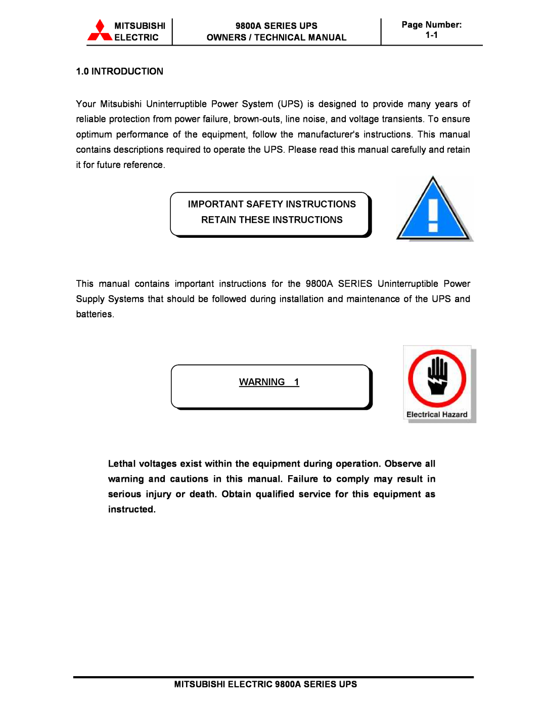 Mitsubishi 9800A Series technical manual Introduction, Important Safety Instructions Retain These Instructions 