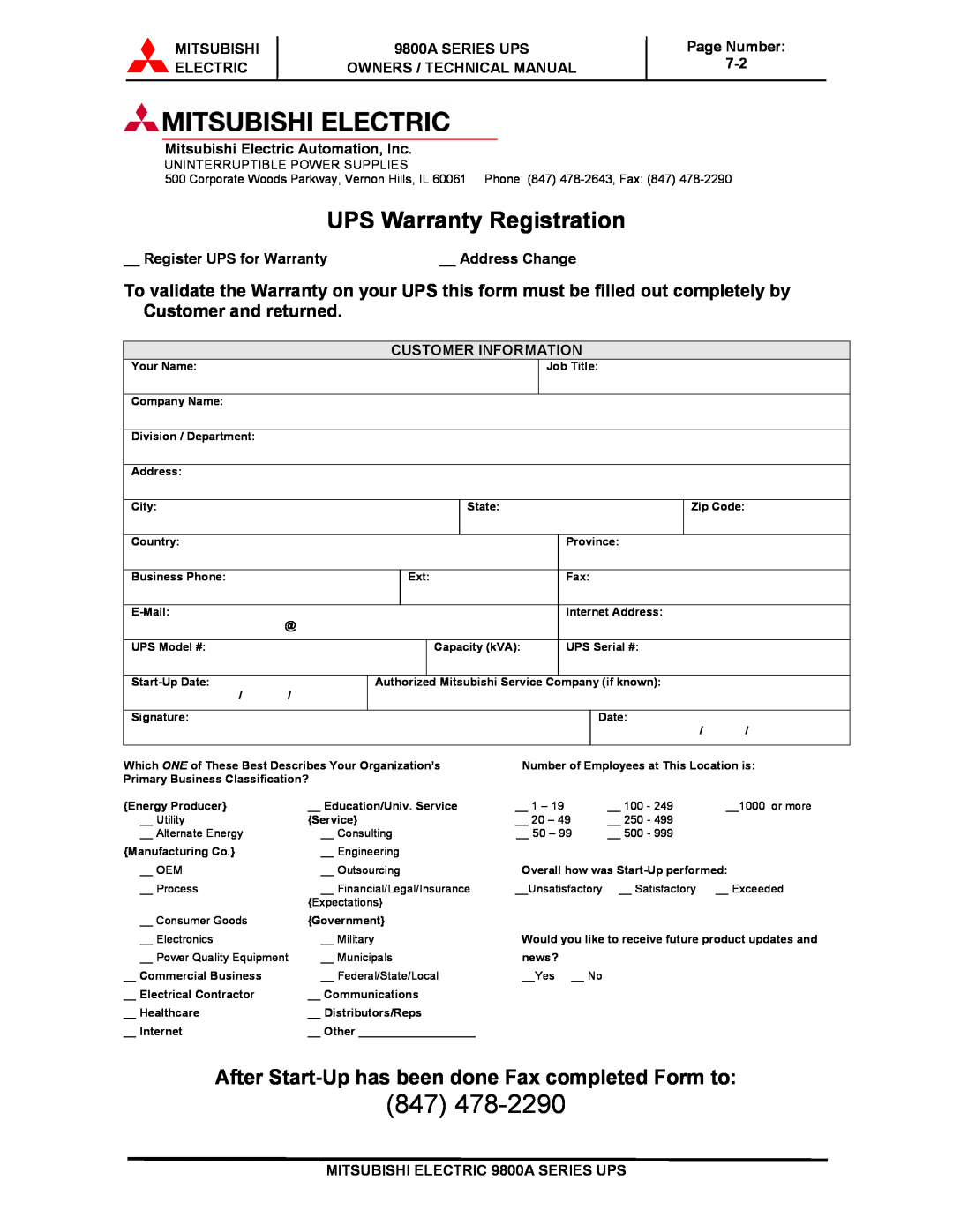 Mitsubishi 9800A Series technical manual UPS Warranty Registration, After Start-Up has been done Fax completed Form to 