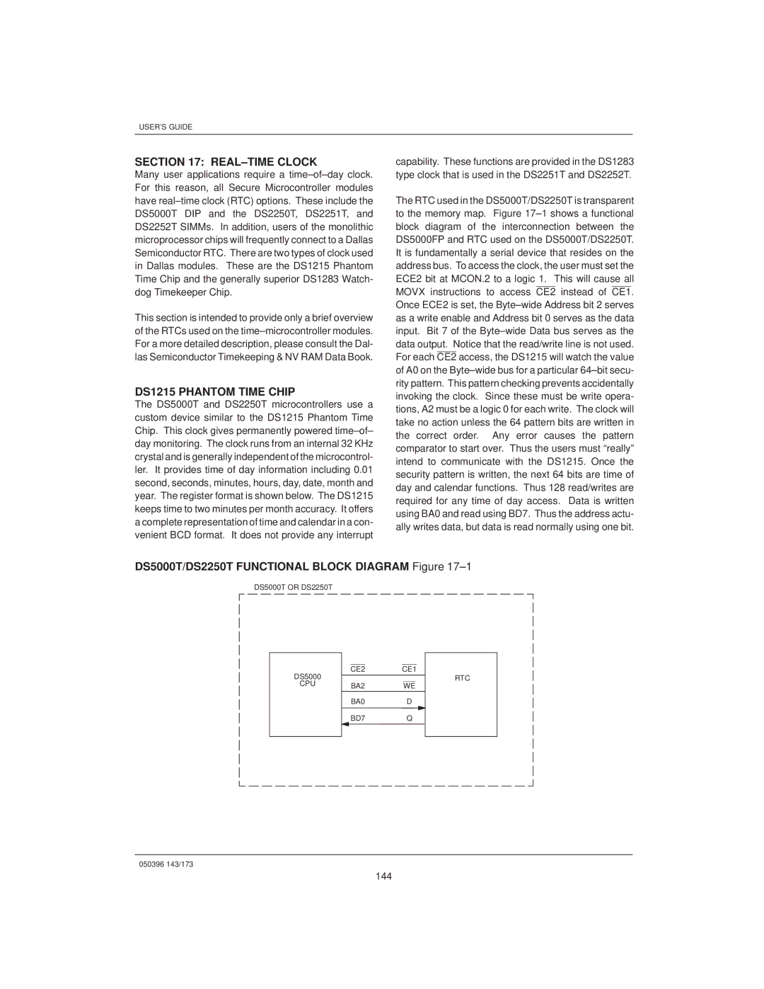 Mitsubishi DS907x SIP manual REAL±TIME Clock, DS1215 Phantom Time Chip, DS5000T/DS2250T Functional Block Diagram ±1, 144 