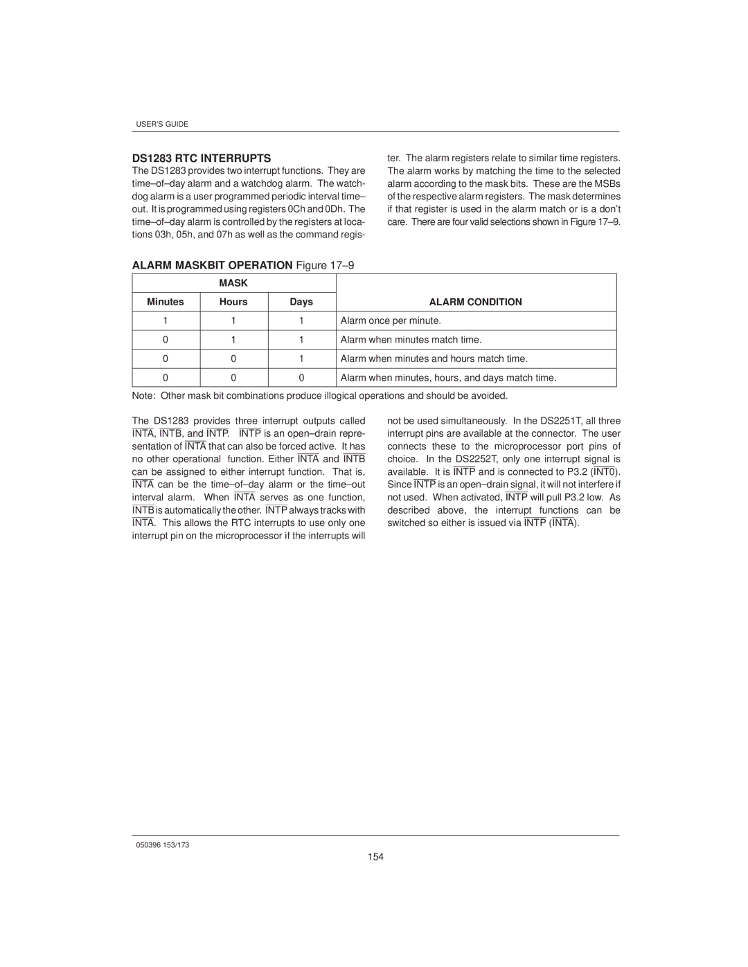 Mitsubishi DS907x SIP, DS5000TK manual DS1283 RTC Interrupts, Alarm Maskbit Operation ±9, Days, Alarm Condition 