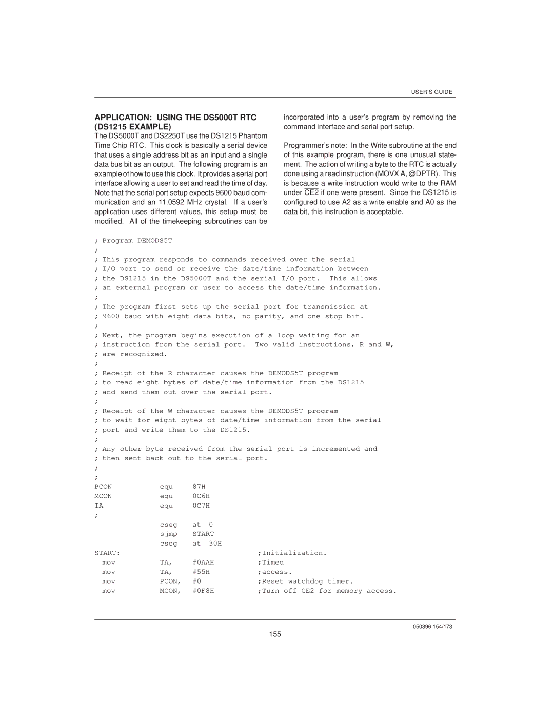 Mitsubishi DS5000TK, DS907x SIP manual Application Using the DS5000T RTC DS1215 Example, 155 